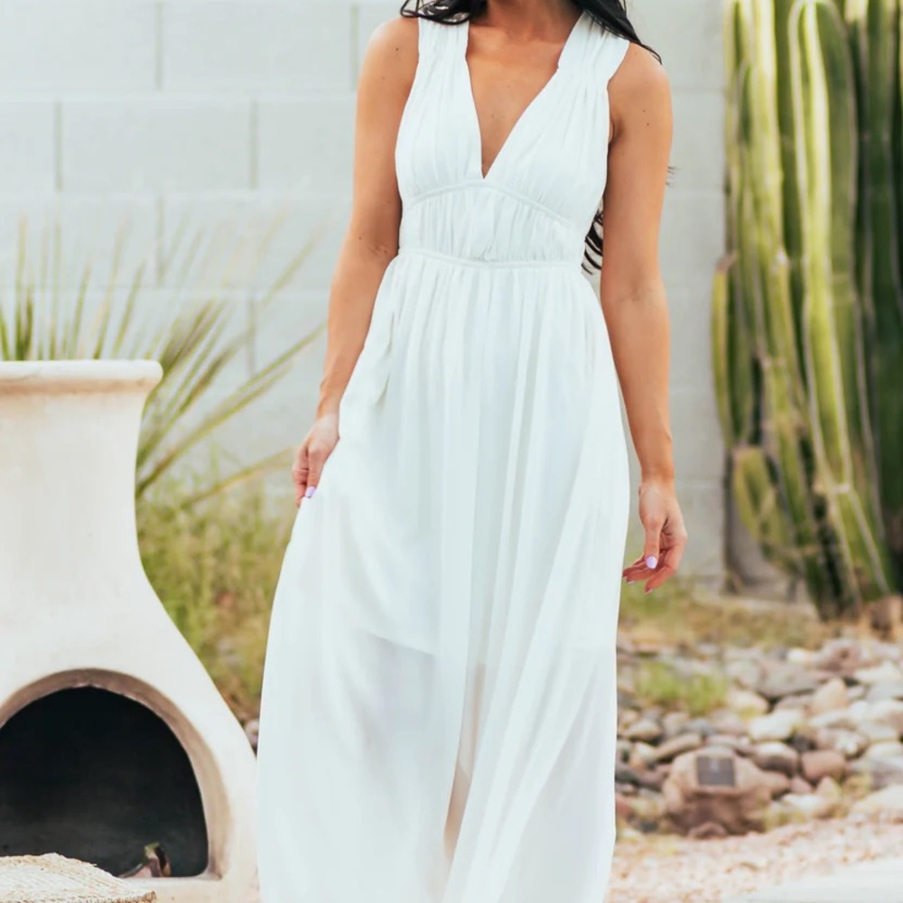 Cream Plunging V Neck Sleeveless Woven Maxi Dress